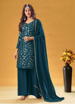 Teal Embroidered Faux Georgette Readymade Salwar Suit