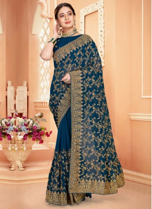 Teal Embroidered Georgette Contemporary Saree