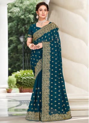 Teal Embroidered Georgette Contemporary Saree