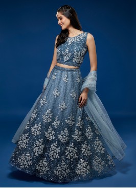 Teal Embroidered Long Choli Lehenga