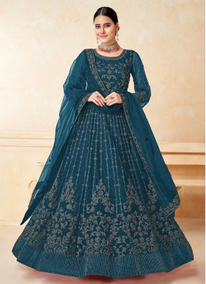 Teal Embroidered Net Salwar Suit