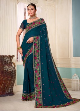 Teal Embroidered Reception Contemporary Saree