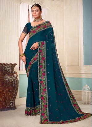 Teal Embroidered Reception Contemporary Saree