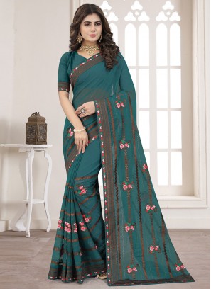 Teal Embroidered Saree