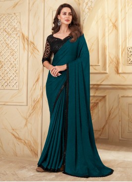 Teal Embroidered Silk Classic Saree