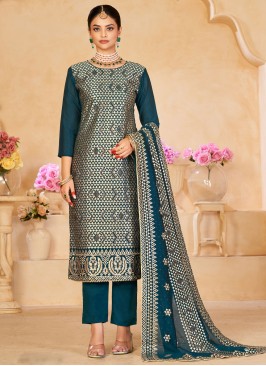 Teal Embroidered Trendy Salwar Kameez