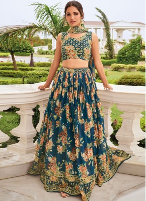 Teal Faux Georgette A Line Lehenga Choli