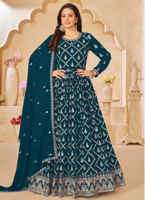 Teal Faux Georgette Ceremonial Anarkali Salwar Kameez