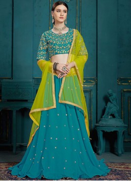 Teal Faux Georgette Party A Line Lehenga Choli