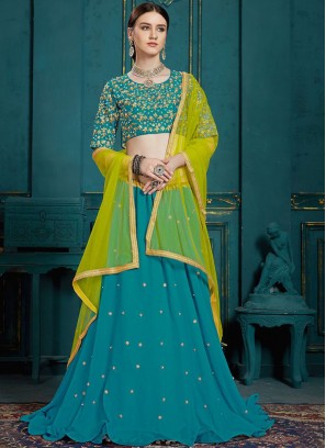 Teal Faux Georgette Party A Line Lehenga Choli