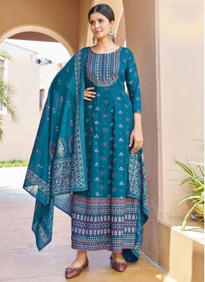 Teal Foil Print Rayon Trendy Gown