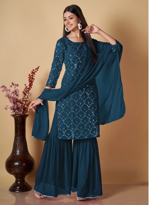 Teal Georgette Palazzo Suit