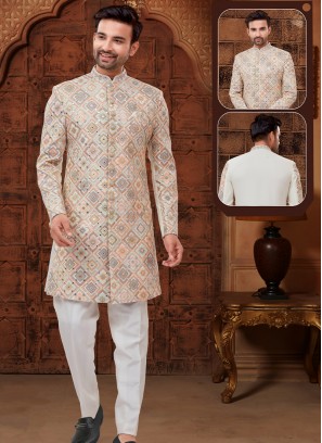 Light Gold and Off White Lucknowie whth Abla and Thread work Indo-Western Ensemble.