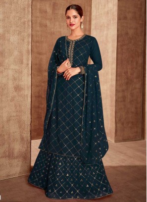 Teal Green Color Georgette Embroidered Suit