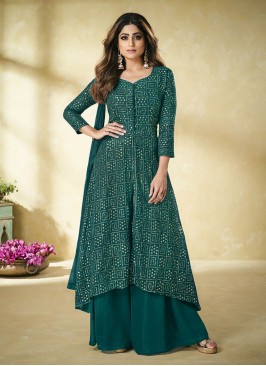 Teal Green Color Georgette Sequins Embroidered Plazzo Suit