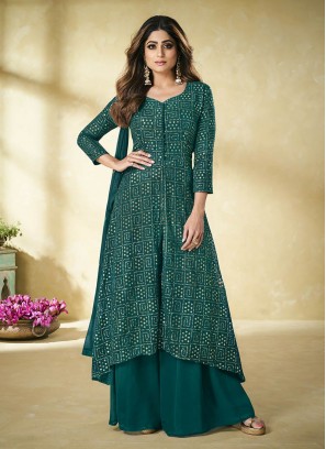 Teal Green Color Georgette Sequins Embroidered Plazzo Suit