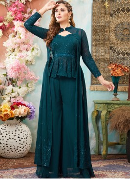 Teal Green Color Georgette Sequins Work Palazzo