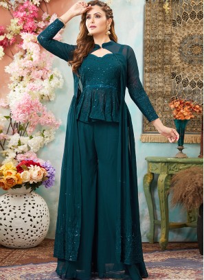 Teal Green Color Georgette Sequins Work Palazzo