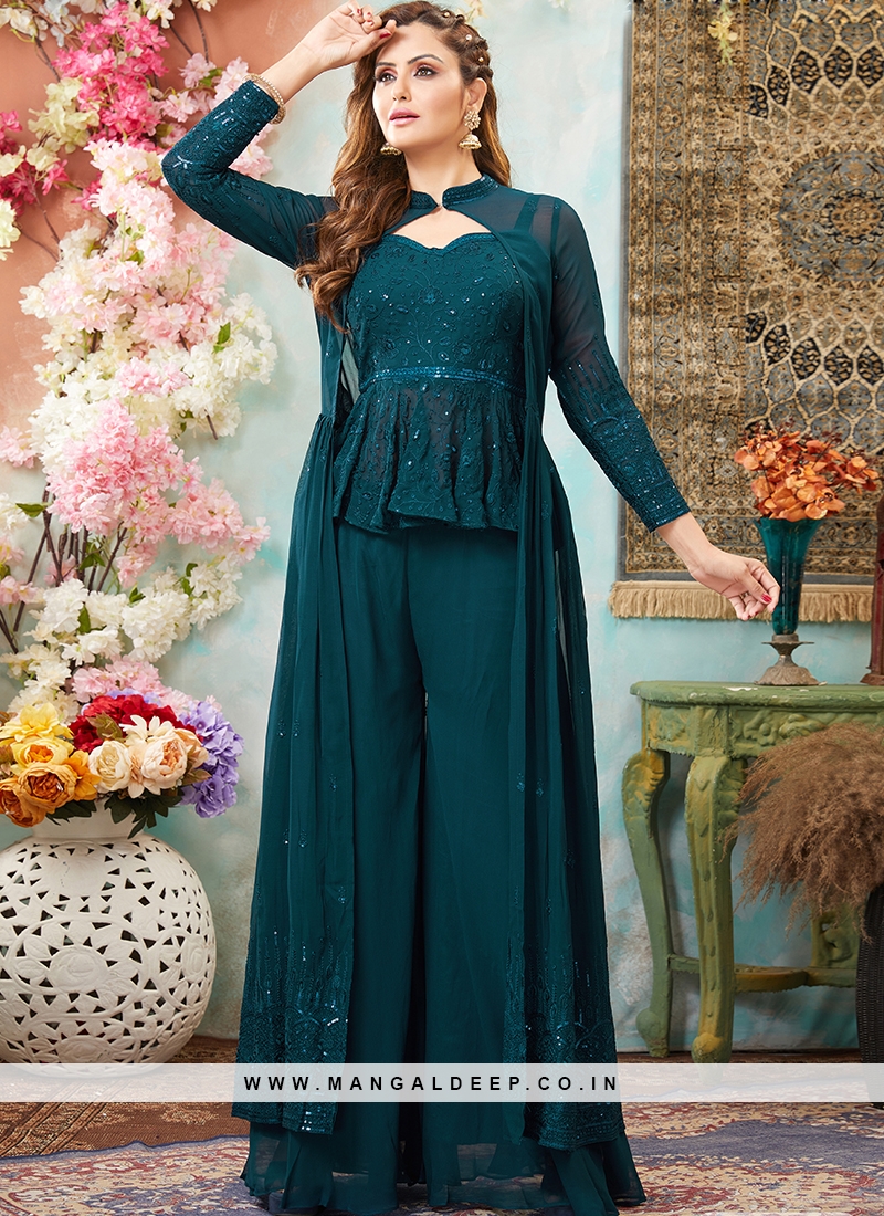 Teal Green Color Georgette Sequins Work Palazzo
