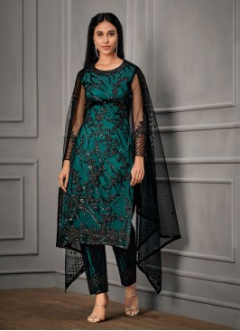 Teal Handwork Net Pakistani Straight Suit