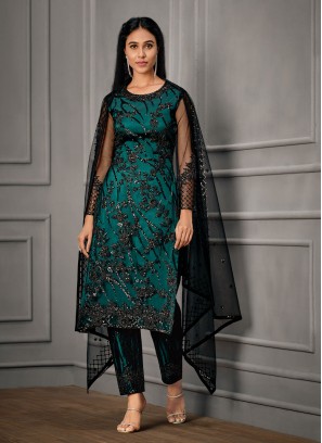 Teal Handwork Net Pakistani Straight Suit