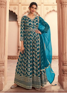 Teal Jacquard Work Engagement Designer Ankle Length Anarkali Suit