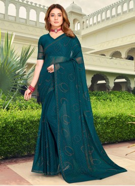 Teal Mehndi Chiffon Trendy Saree