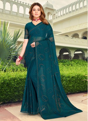 Teal Mehndi Chiffon Trendy Saree