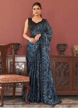 Teal Organza Printed Trendy Saree