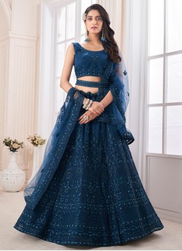 Teal Party Net Designer A Line Lehenga Choli