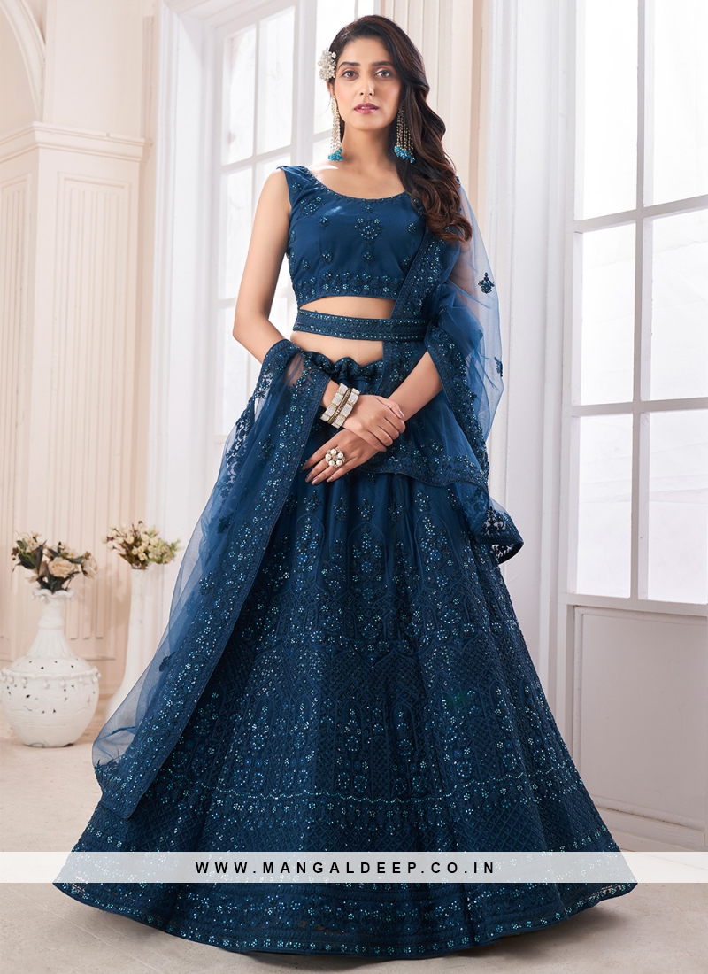Teal Party Net Designer A Line Lehenga Choli