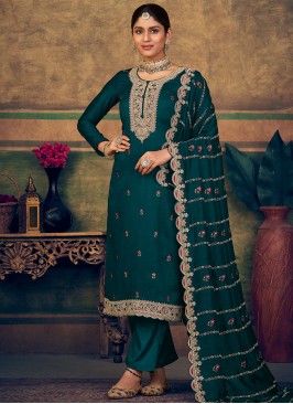 Teal Party Pure Silk Salwar Kameez