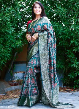 Teal Patola Silk  Contemporary Style Saree