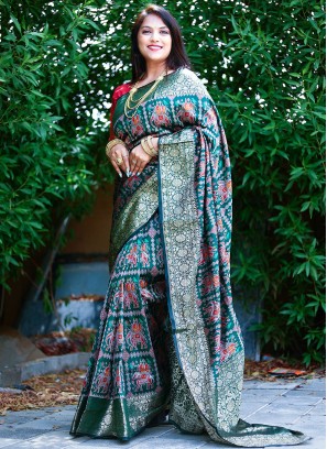 Teal Patola Silk  Contemporary Style Saree