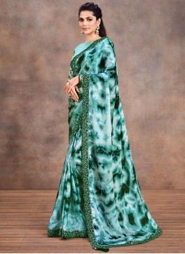 Teal Printed Faux Crepe Saree