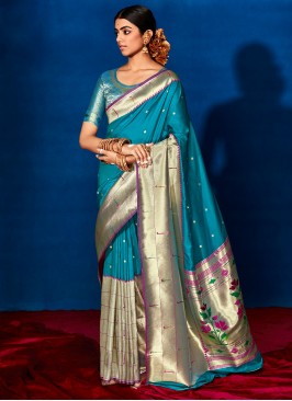 Teal Printed Trendy Saree