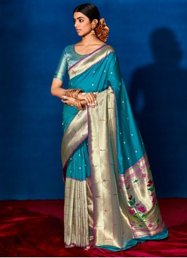 Teal Printed Trendy Saree