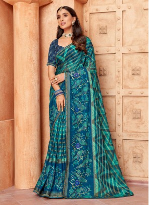 Teal Printed Trendy Saree