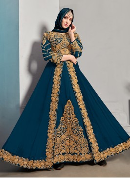 Teal Pure Georgette Stone Designer Floor Length Su