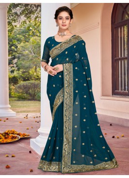 Teal Resham Festival Contemporary Saree