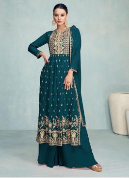 Teal Resham Georgette Palazzo Salwar Kameez