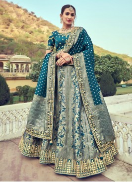 Teal Resham Silk A Line Lehenga Choli