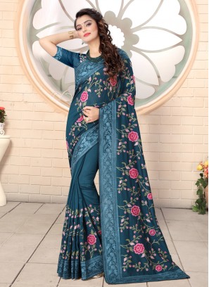 Teal Resham Silk Contemporary Saree