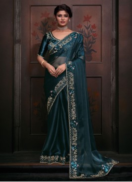 Teal Satin Embroidered Trendy Saree