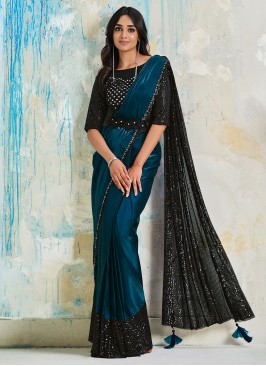 Teal Satin Silk Wedding Designer Saree