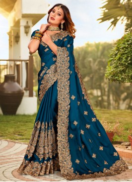 Teal Satin Zari Contemporary Style Saree