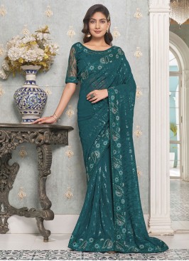 Teal Sequins Faux Georgette Contemporary Saree