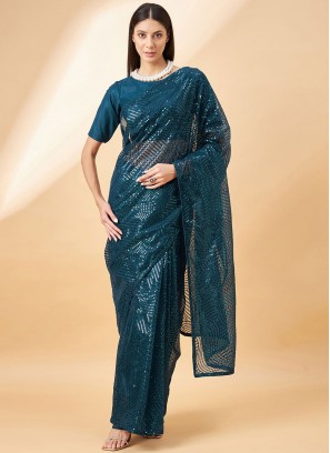 Teal Sequins Georgette Classic Saree
