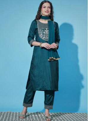 Teal Silk Blend Embroidered Salwar Kameez