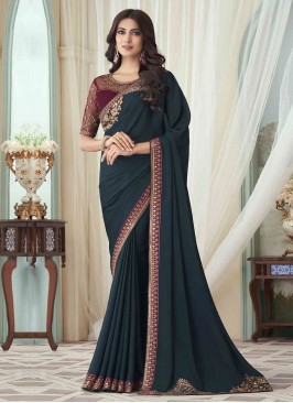 Teal Silk Embroidered Classic Saree